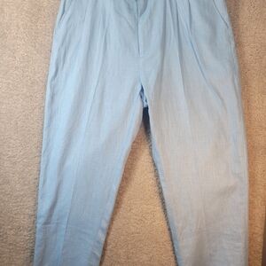 Blue Linen Trousers With Button And Buckle Details